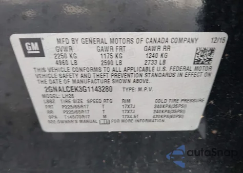 2016 Chevrolet Equinox Lt z USA, uszkodzony, nr VIN 2GNALCEK3G1143280